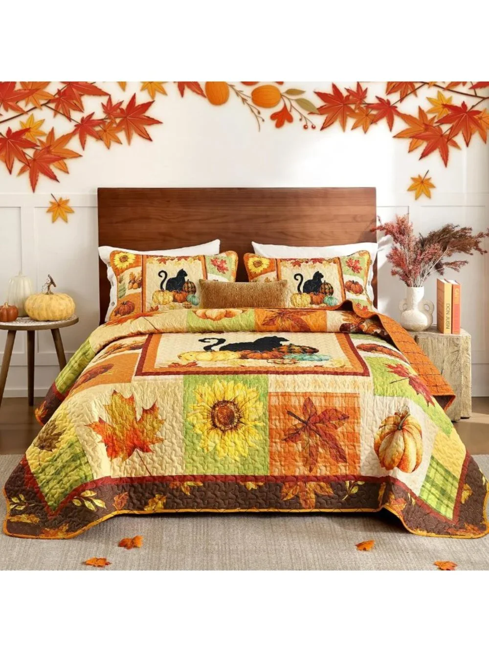 Happy Thanksgiving Harvest Fall Quilt Set - Cozy Queen Size Bedding Decor
